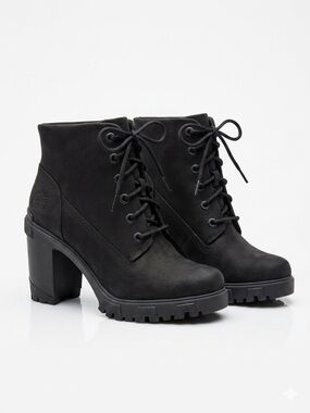Timberland Black Suede High Heel Combat Ankle Boots- Women 7.5 (Worn Once)